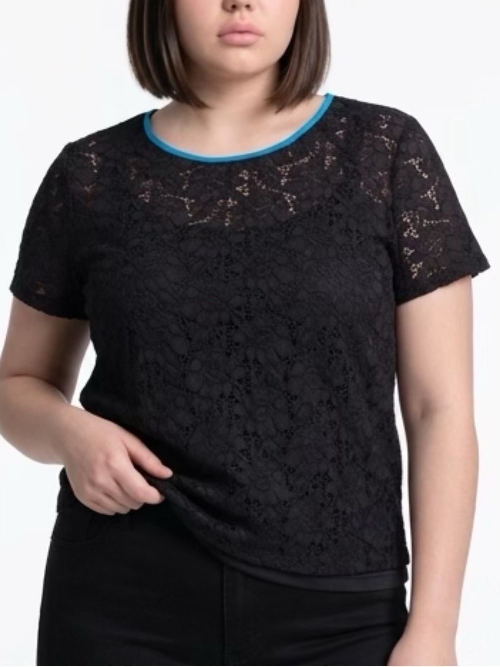 Style & Co. Black Lace Short-Sleeve Top with Teal Neck Trim